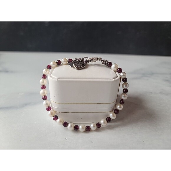 925 Sterling Silver Pearl & Garnet Beaded Bracelet With Heart & Amethyst Charms - Picture 2 of 10